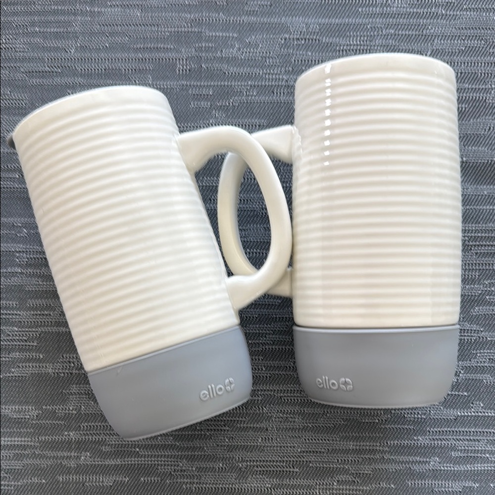 NEW 2 Ello White Ceramic Travel Mug coffee 18 oz with Gray Silicone Base tall